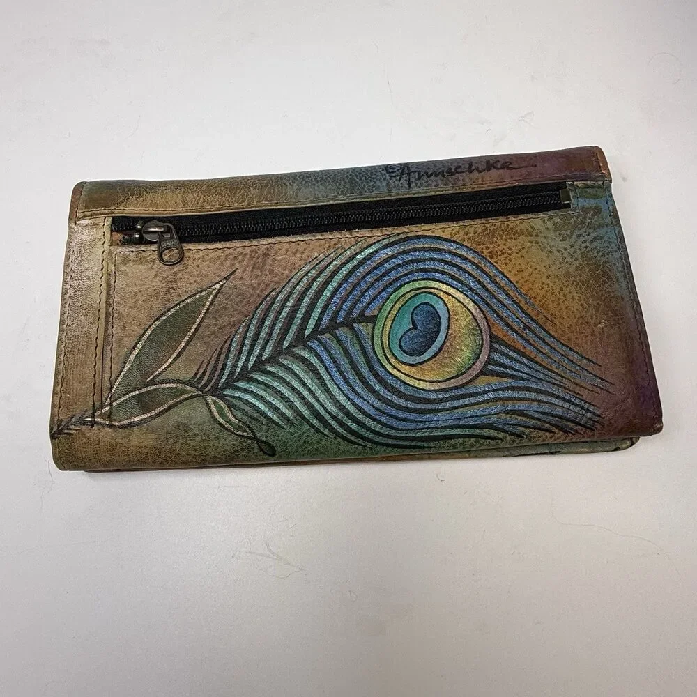 Anuschka Hand Painted Floral Peacock Feather Full Size Leather Wallet